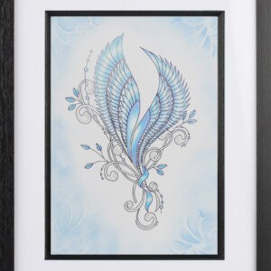 A tangled hand drawn set of blue angel wings on a blue background.